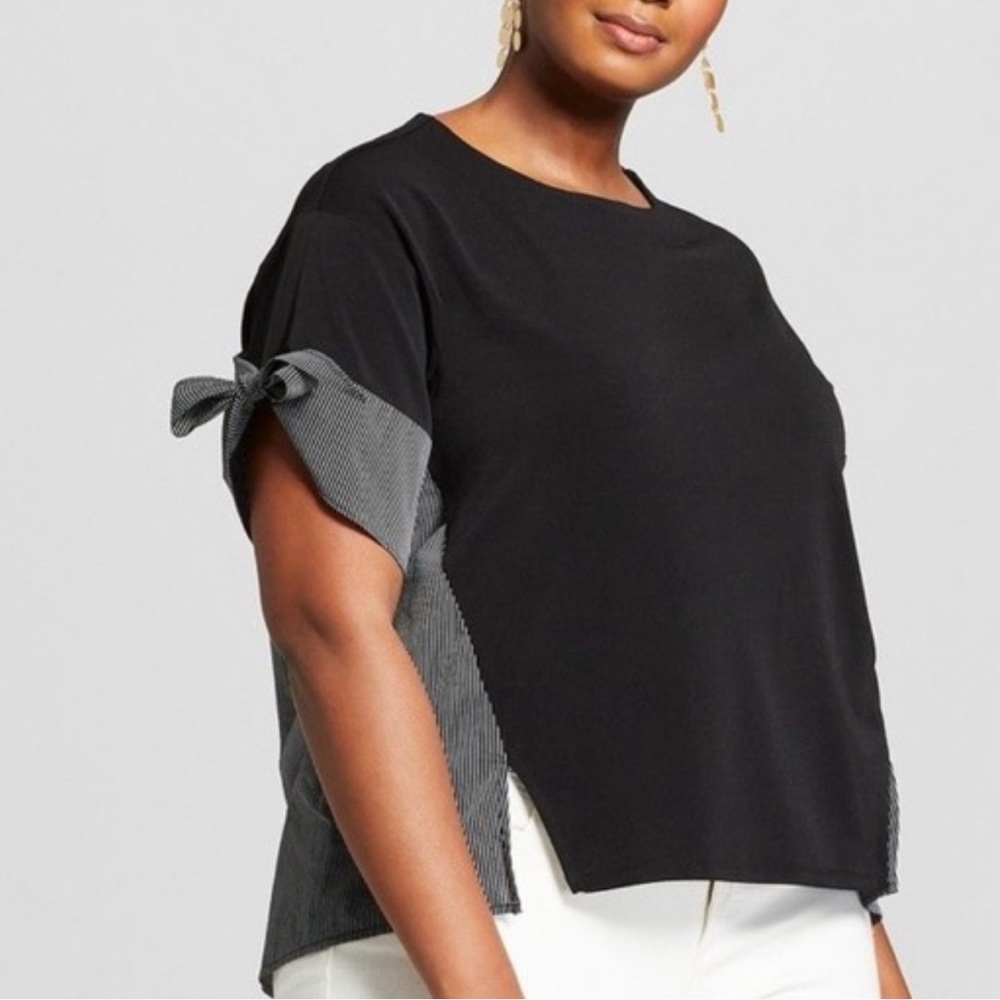 Black And Stripe Blouse Top With Tie Sleeves
